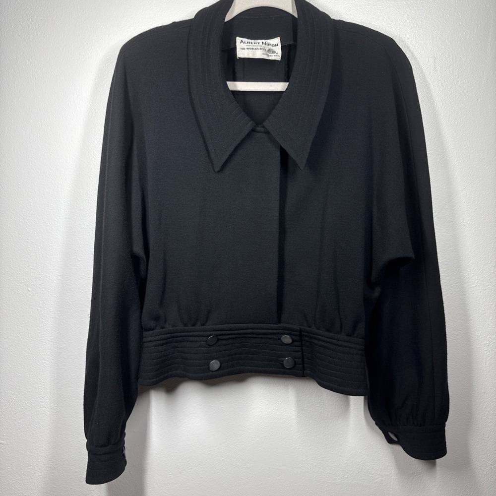 Rare Vintage Albert Nipon‎ Wool Short Coat Long Sleeve Button Waist Black Small